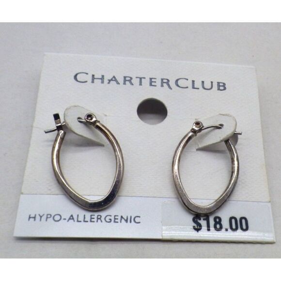 Charter Club 1" Silver Tone Flat Oval Hoop Hypo-Allergenic Earrings - Picture 1 of 5